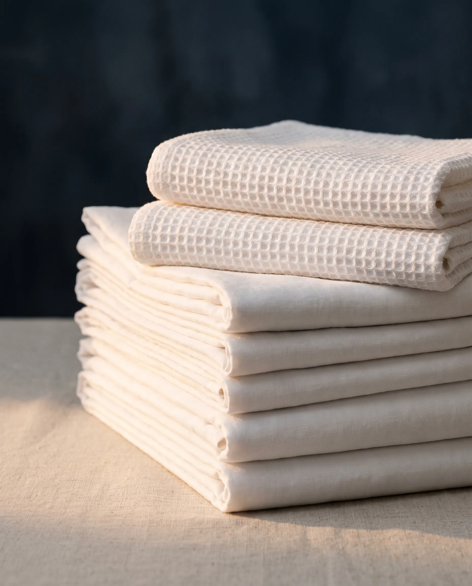 A tall stack of pressed white sheets with two waffle-weave towels on top, lit by low dawn light