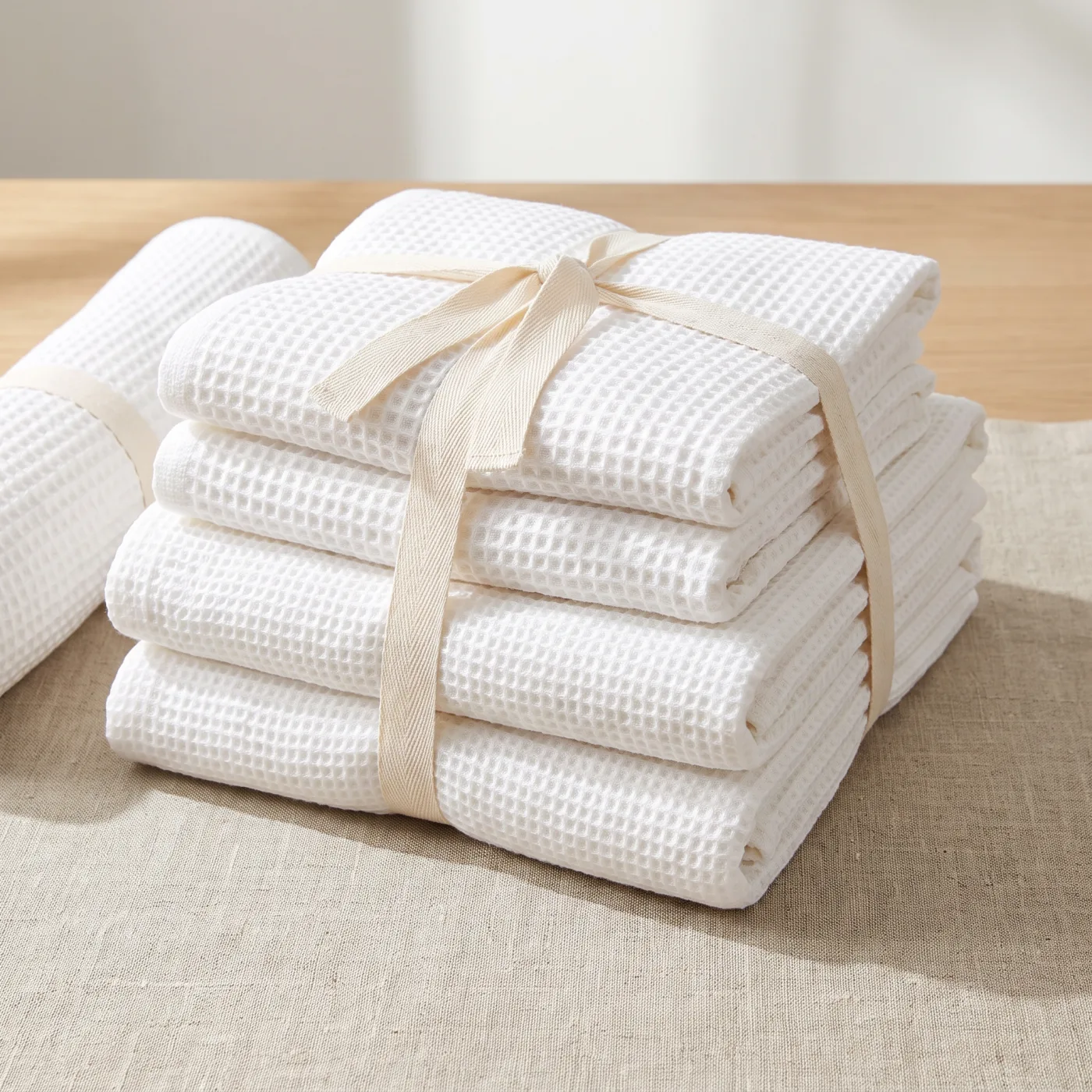 Four folded white waffle-weave towels with a rolled bath mat, tied with cotton tape